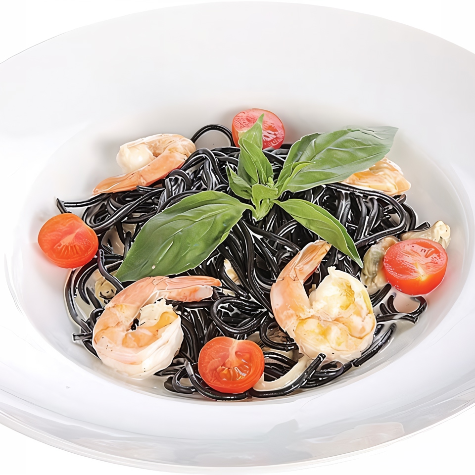 Паста нери с морепродуктами в сливочном соусе