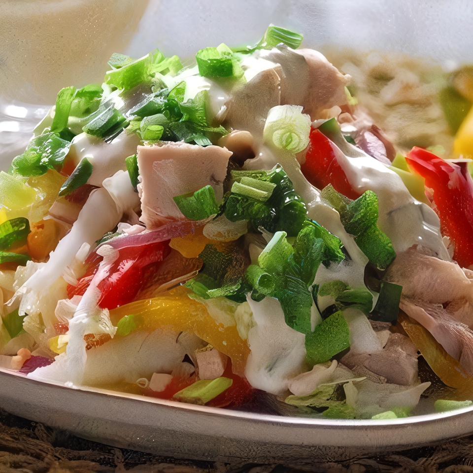 Разноцветный куриный салат с перцами и капустой