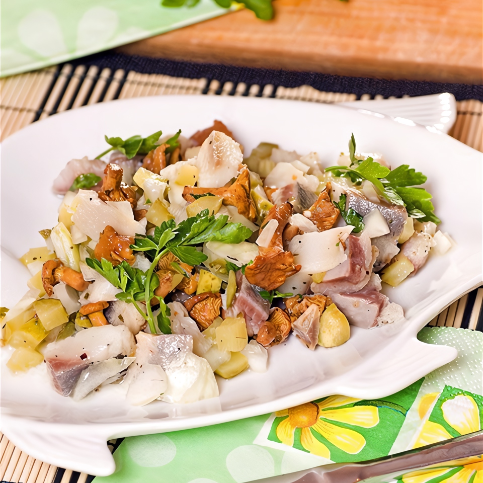 Рыбный салат с грибами