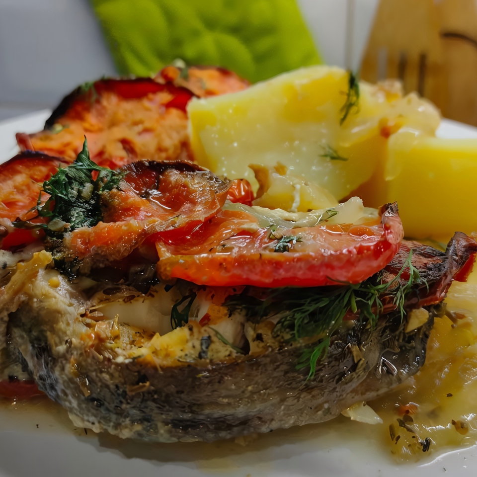 Рыба (зубатка) запеченная с помидорами и луком