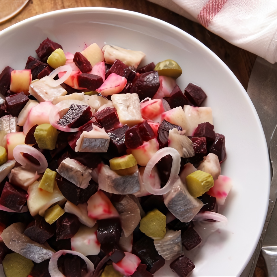 Салат из сельди с овощами и яблоком