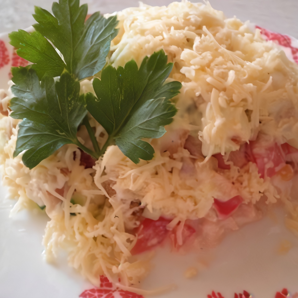 Салат с куриным филе, сухариками и овощами
