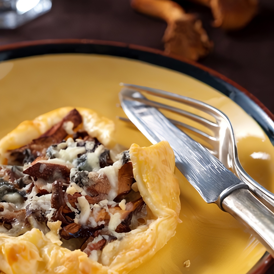Тарт с белыми грибами, беконом и сливочным соусом из козьего сыра