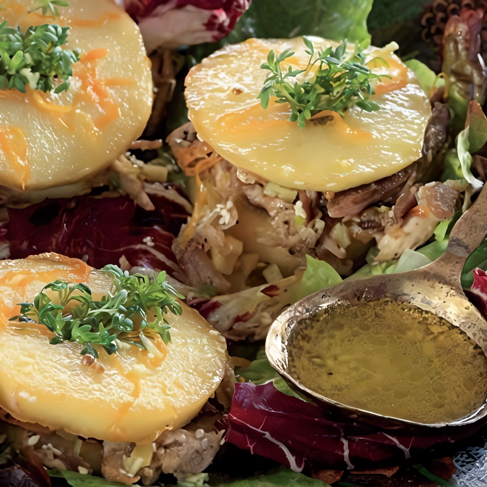 Теплый салат из цесарки с жареными яблоками