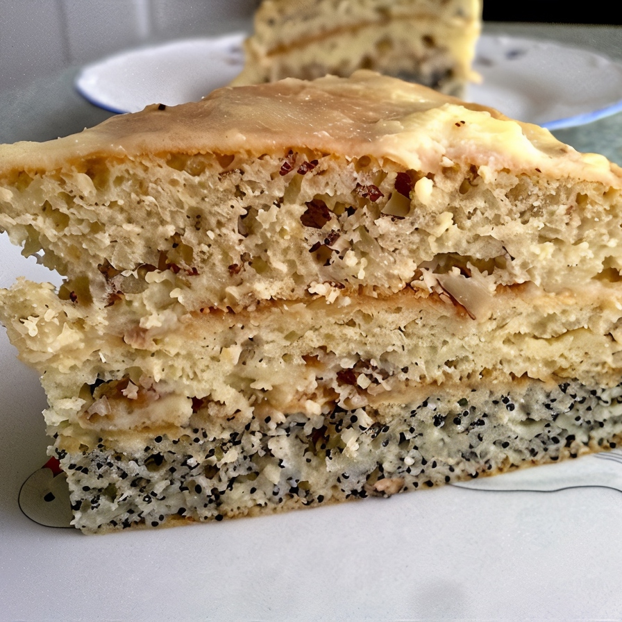 Трехслойный торт с орехами, изюмом и маком