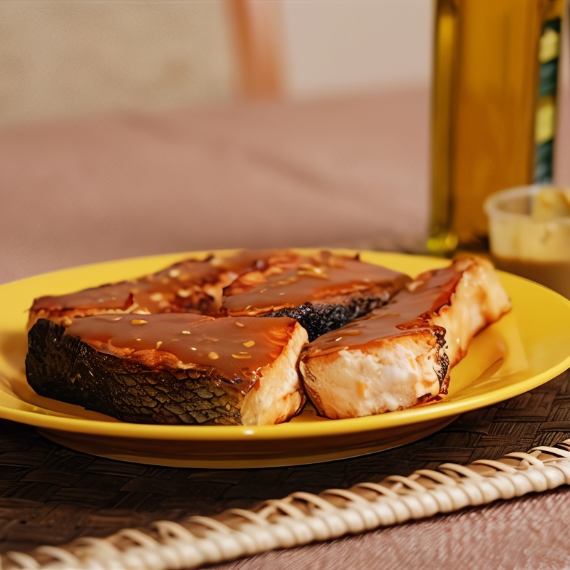 Запеченые в черном перце кусочки лосося, маринованные в кленовом сиропе