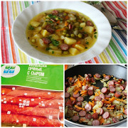 Картофельный суп с зеленым горошком и пряными колбасками