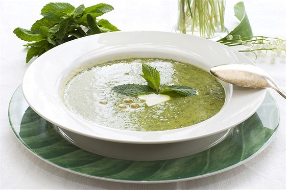 Зеленый крем-суп из шпината и мяты с паприковым маслом