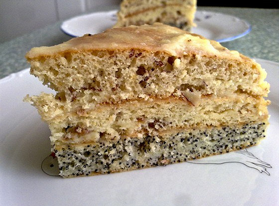 Трехслойный торт с орехами, изюмом и маком