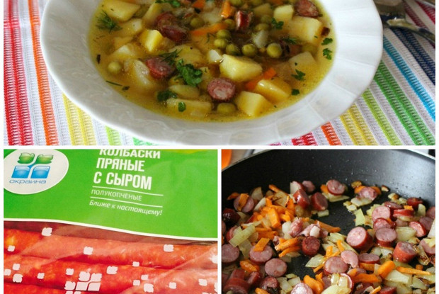 Картофельный суп с зеленым горошком и пряными колбасками