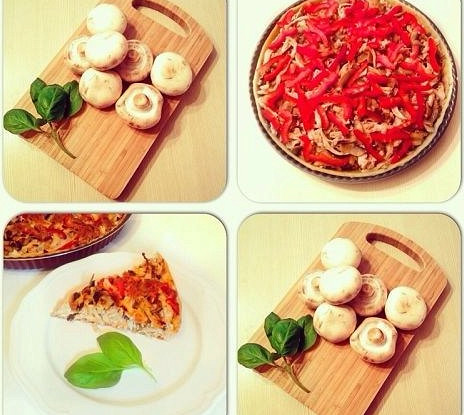 Открытый пирог с курицей, грибами и сладким перцем