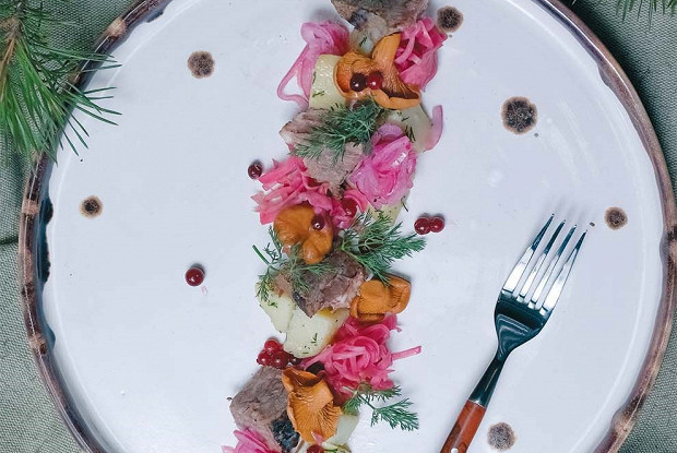 Коми-пермяцкий салат с солониной из лосятины, квашеной капустой, моченой брусникой и толченым картофелем
